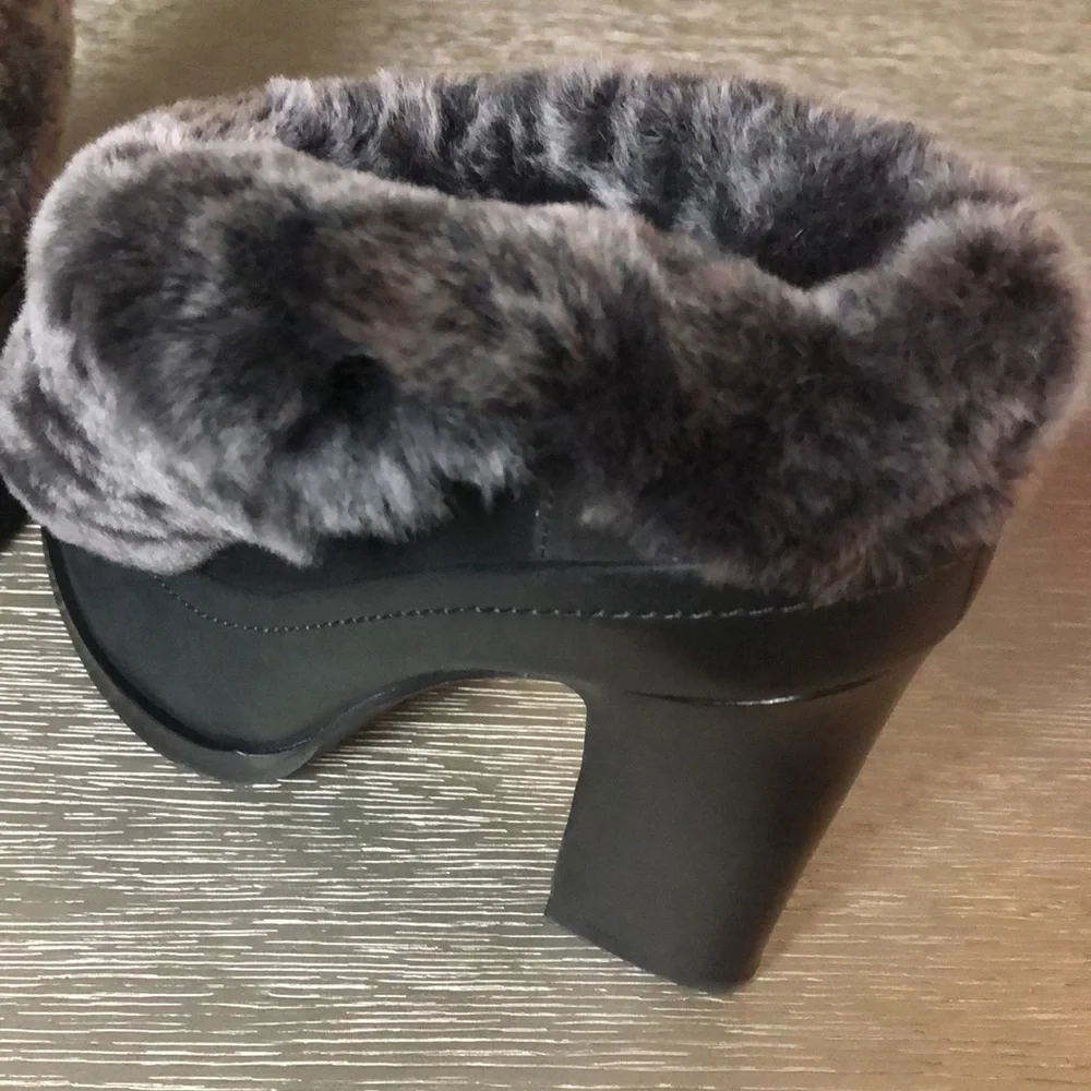 rag & bone Black Leather Mules with Gray Fur Cuff
